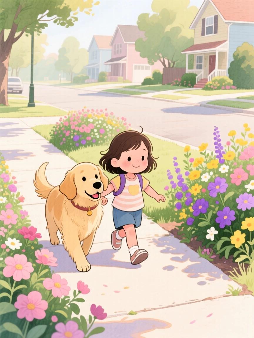 A child learning to walk again, supported by a loving therapy dog by her side, in a peaceful neighborhood full of blooming gardens, radiating kindness, hope, and heartfelt emotion.