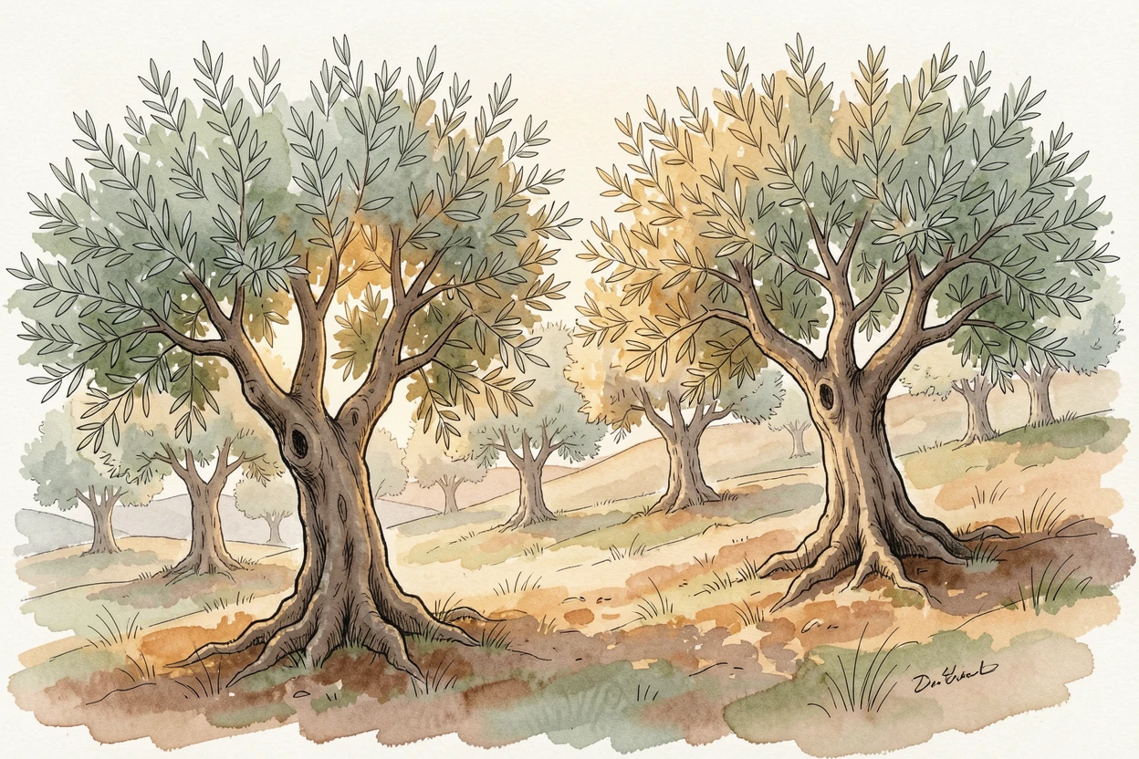 A quiet olive grove on a Mediterranean hillside, silver-green leaves catching the late afternoon sun