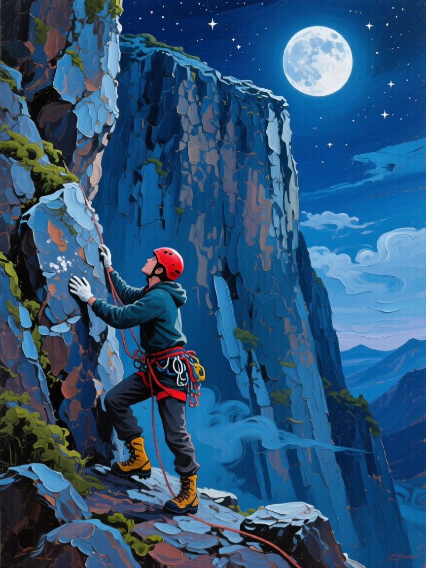 a climber pausing below an immense cliff, beneath a moonlit sky, composed along a natural leading line.