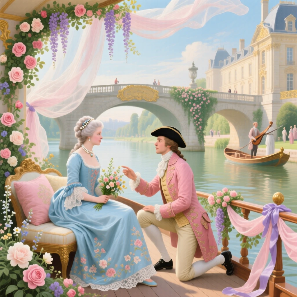 A courtship scene aboard a flower-decorated riverboat passing beneath a palace bridge  
