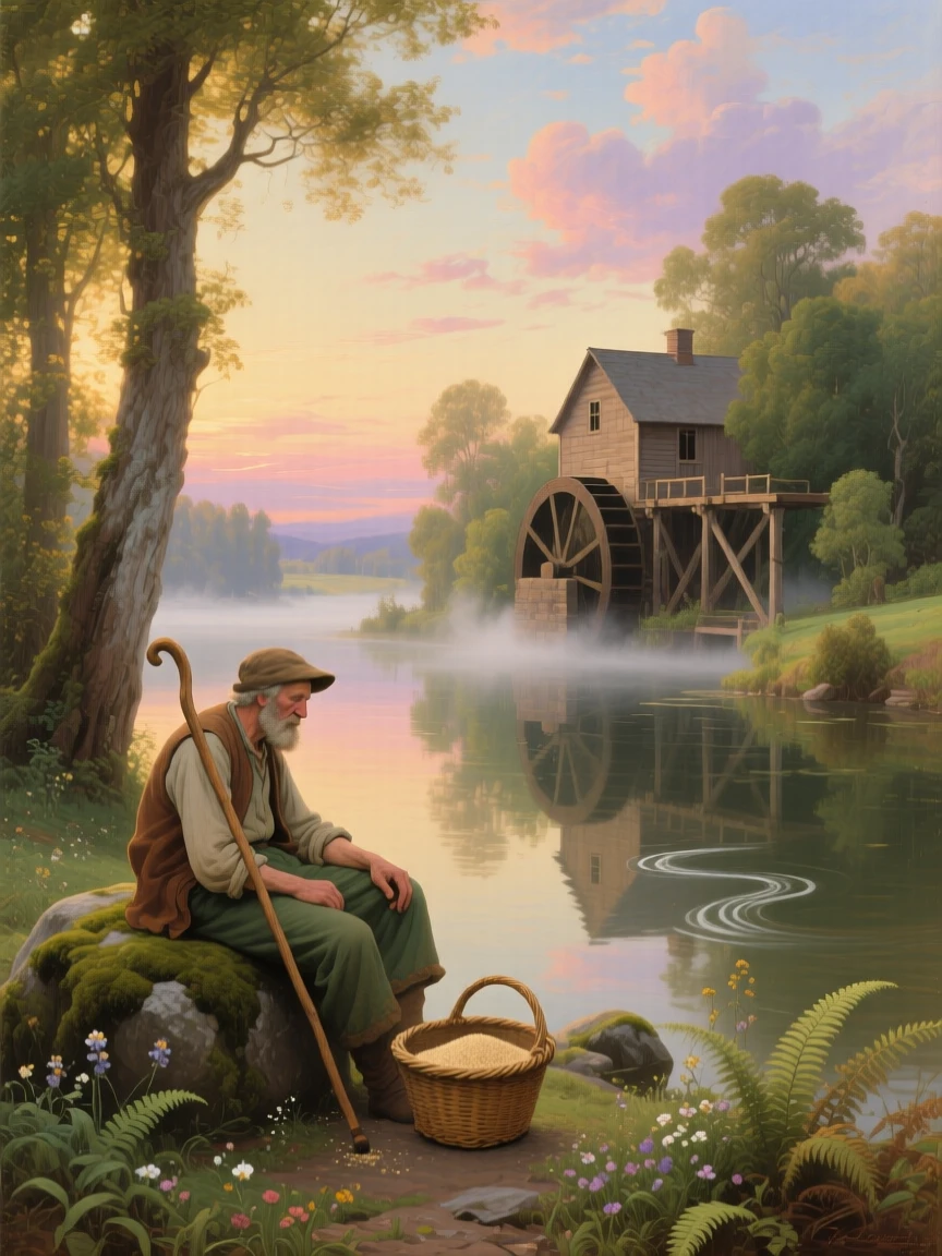 An old miller rests beside a calm river reflecting the sky as mist rises off the water.