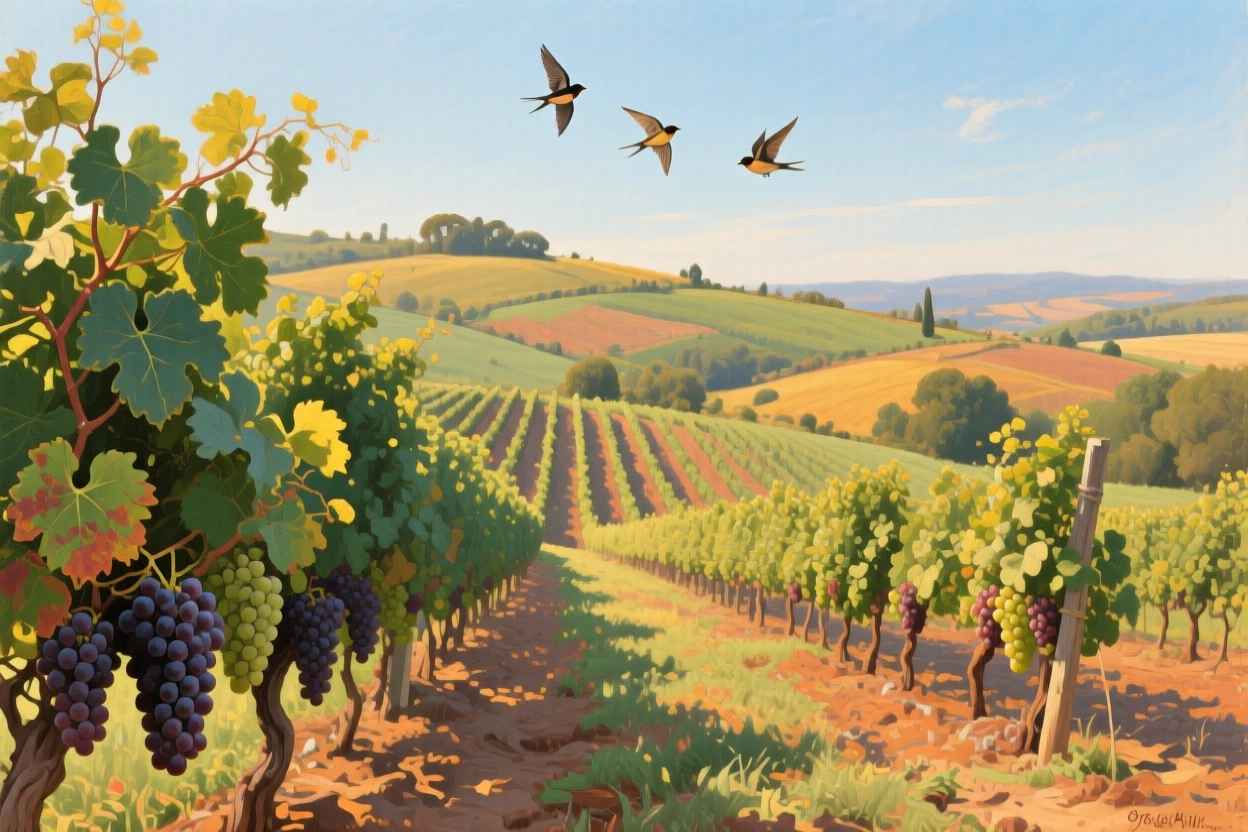 A rolling vineyard bathed in warm golden afternoon light, as birds circle gracefully overhead, showing nature at its most breathtaking and unspoiled