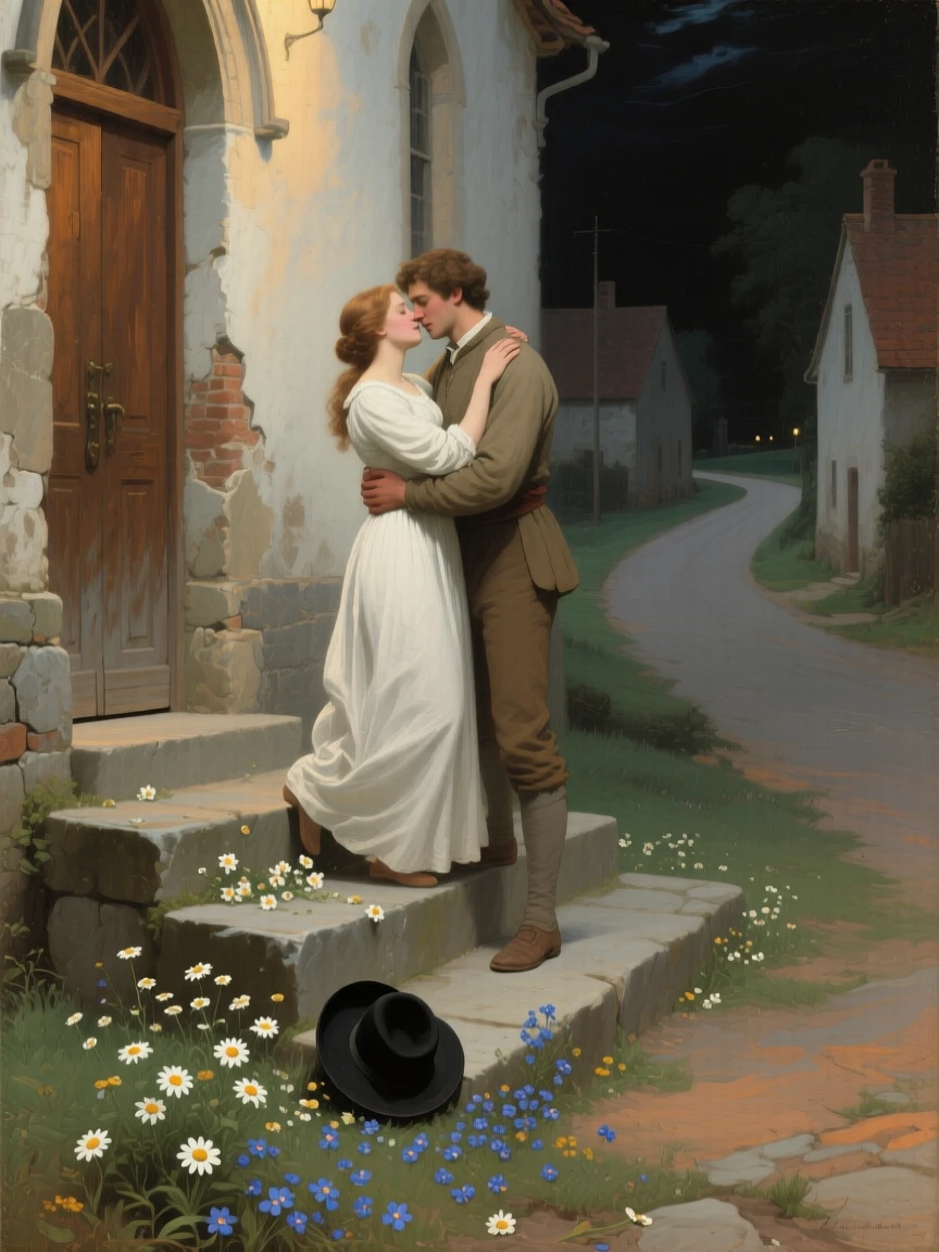 A young couple eloping under the cover of night just as relief washes over every face, set on the worn steps of a village church, with scattered flowers and a fallen hat marking the moment; converging paths in the background lead directly to the embracing pair, radiating hope restored after long hardship.