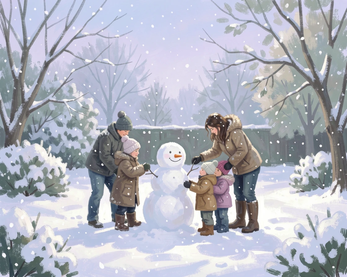 A family building a snowman together in a quiet backyard as snow continues to fall softly.