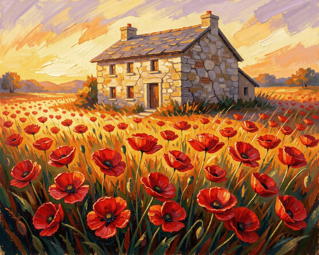 A field of red poppies swaying beneath an old stone farmhouse at golden hour.