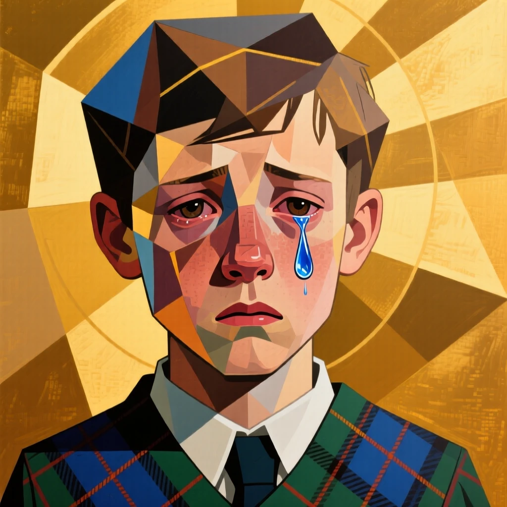 A close-up portrait of a teenage boy of Scottish heritage, shedding a single tear of relief, against a warm golden backdrop.