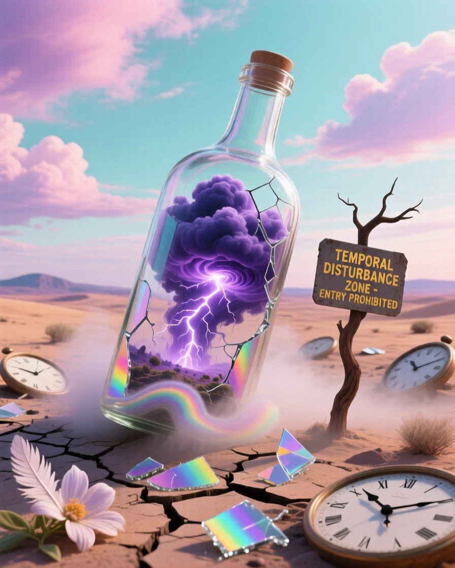 An enormous glass bottle containing a miniature swirling storm sits abandoned beneath a sky streaked with soft pastel clouds, as a soft mist curls around its enormous base.