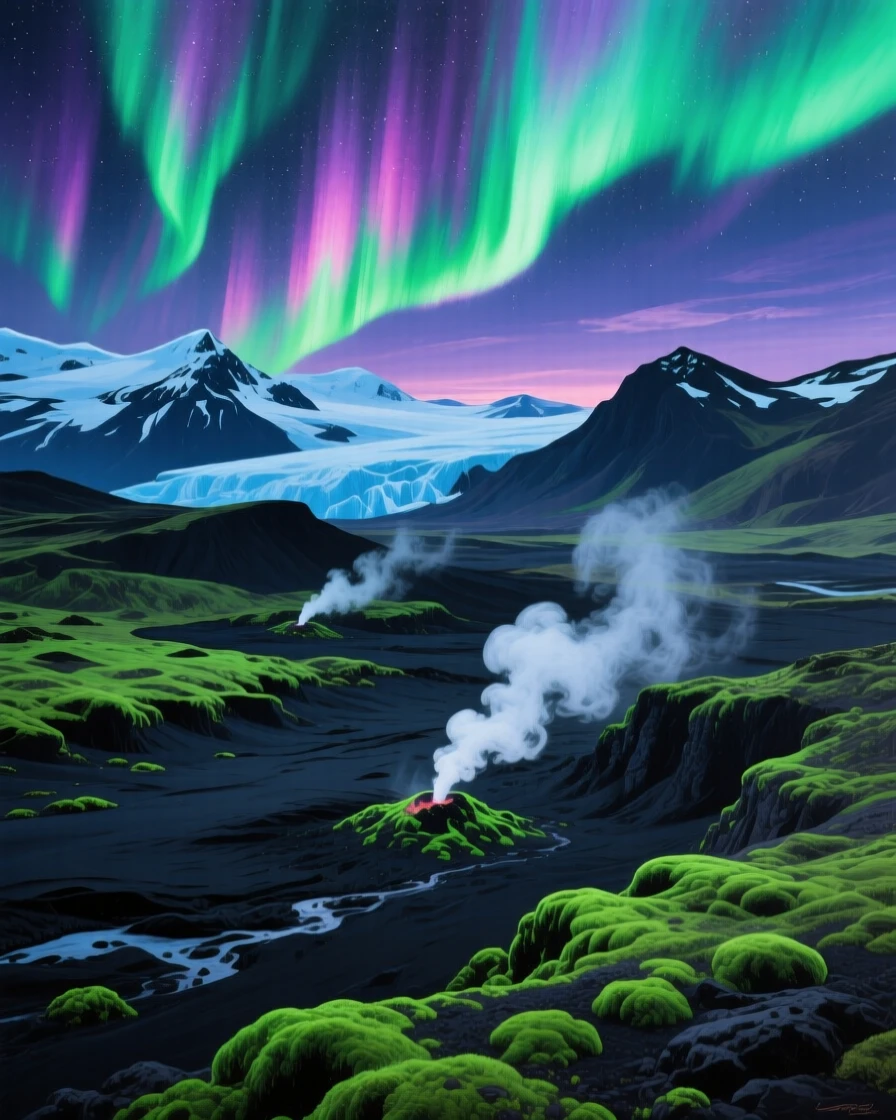 Iceland's volcanic highlands reveal steaming geothermal vents beside a black sand valley, moss-covered lava fields glowing electric green, and distant glacier-capped mountains under a sky streaked with the aurora borealis.