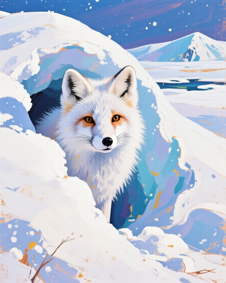 A curious arctic fox peeking out from behind a snowdrift, its white coat blending with the winter landscape