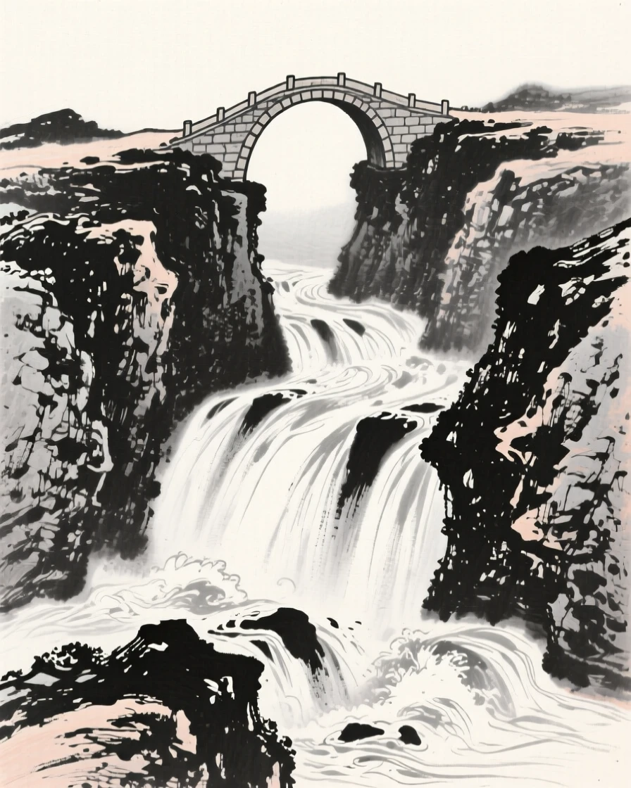 a rushing torrent cutting through a rocky canyon, with a stone bridge arching over the water.