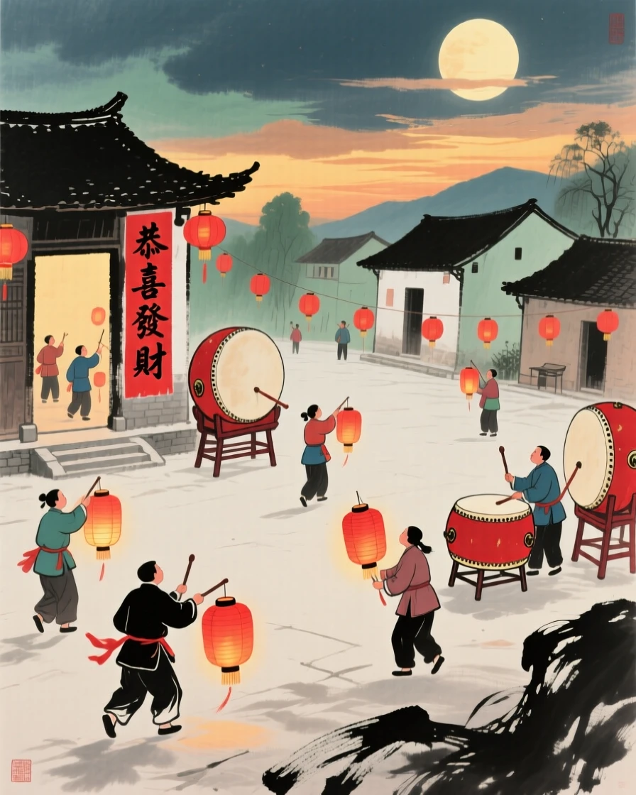 A village celebrating the lunar new year with lanterns and drums, in the last golden light of day.