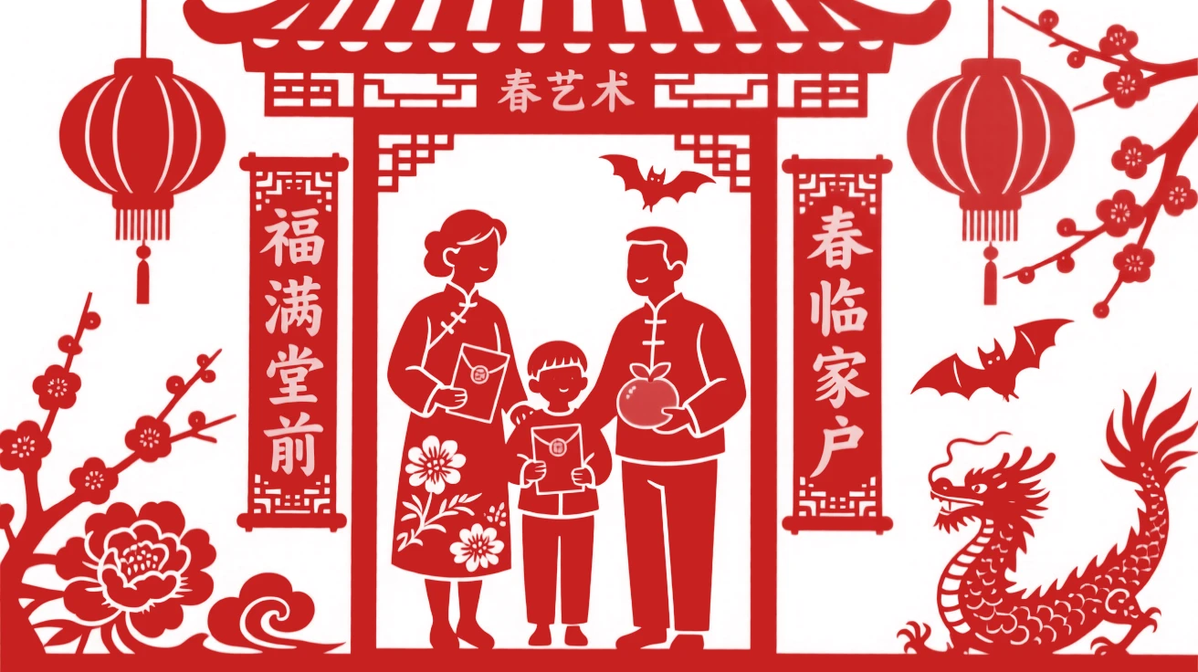 A New Year's Eve family portrait beneath a doorway strung with red lanterns and spring couplets, three generations posing together with red envelopes and tangerines in hand