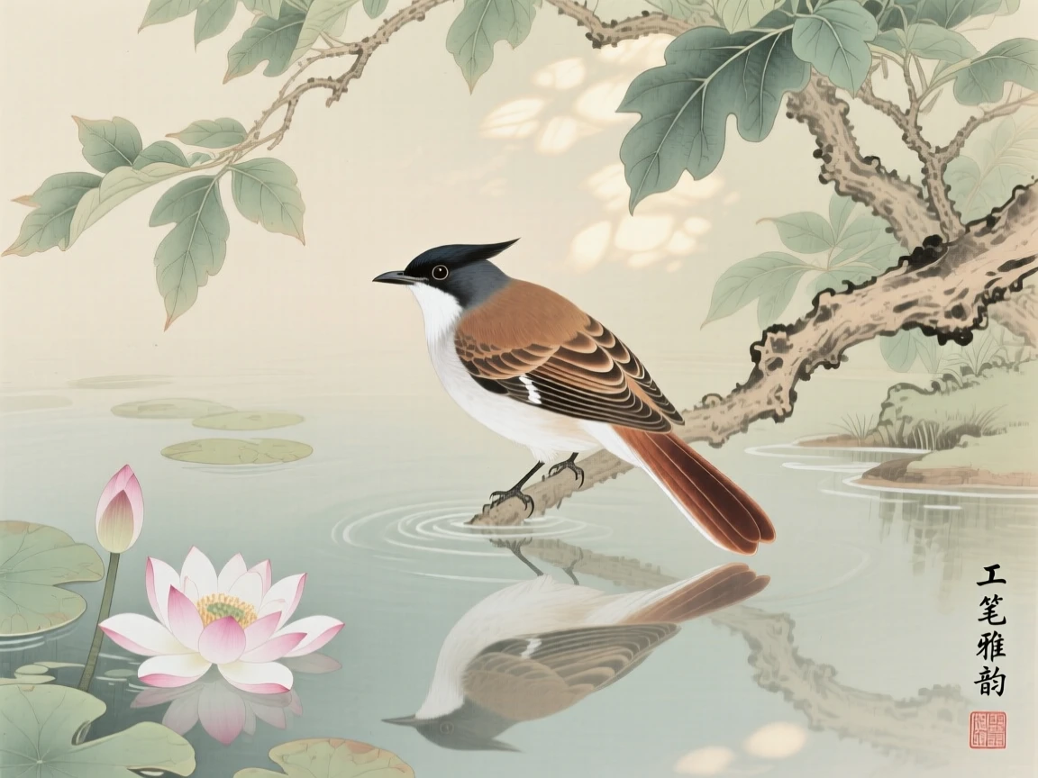 A paradise flycatcher preening its feathers beside a quiet pond, soft morning light filtering through the branches