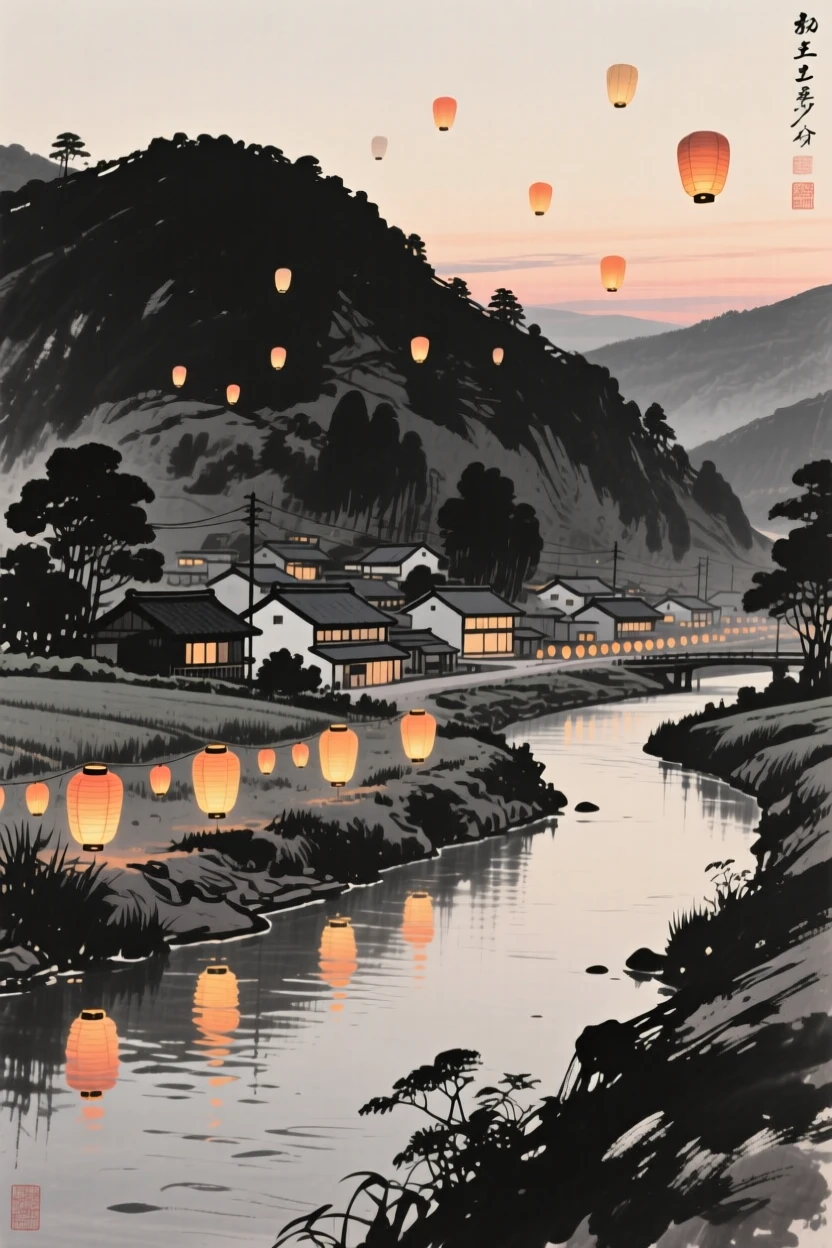 A lantern festival reflected in a still canal on a hillside overlooking the village below, composed with warm lantern light glowing against a cool evening, carrying a joyful yet peaceful atmosphere.