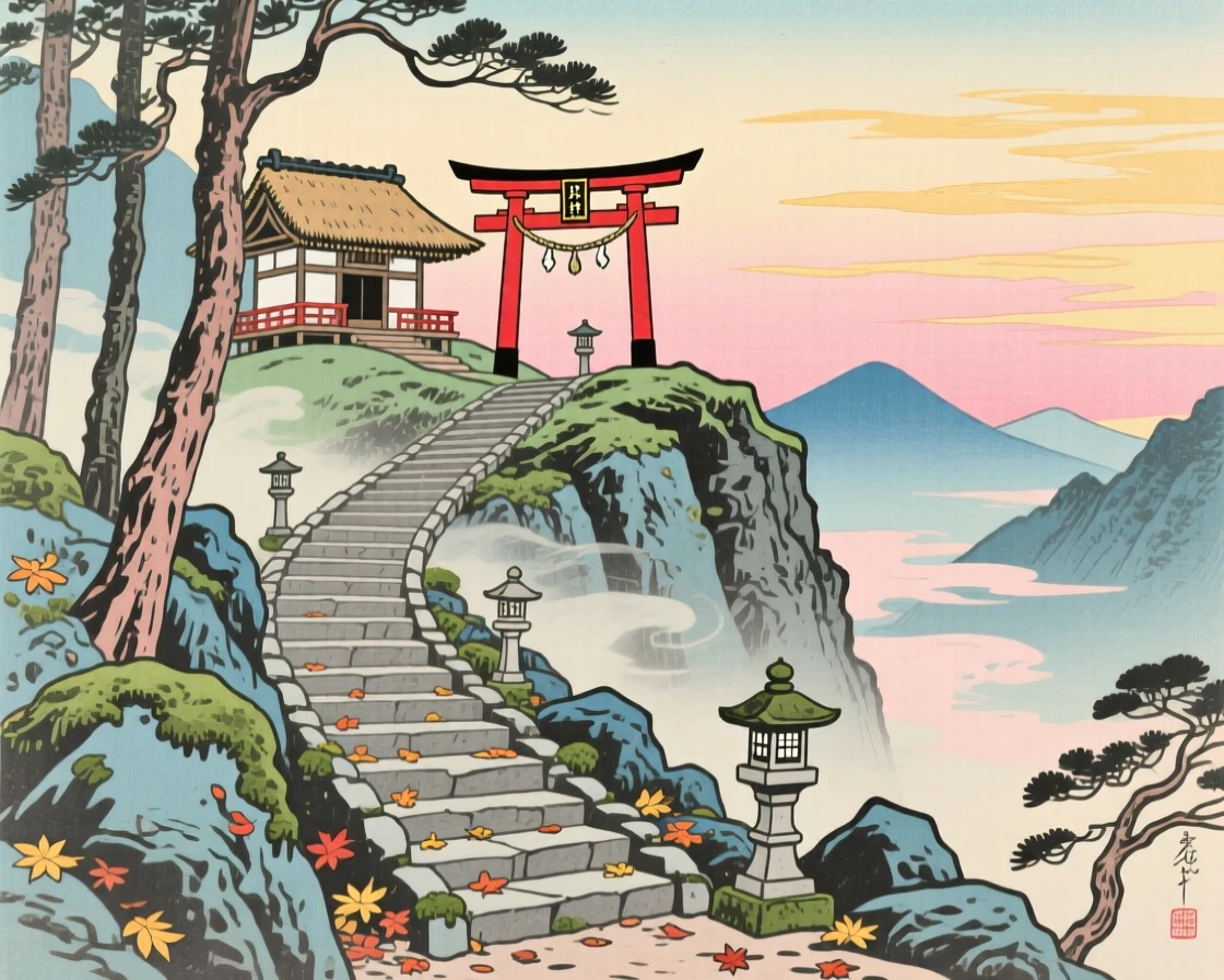 A narrow mountain pass, with a winding stone staircase to a hilltop shrine, at dawn.