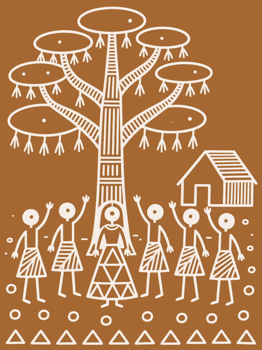 A group of tribal women welcoming a new bride into the family beneath a large banyan tree.
