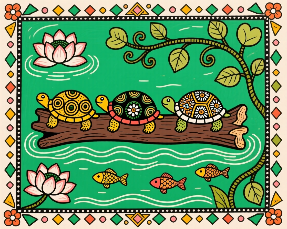 Turtles basking on a sun-warmed log in a still green pond.