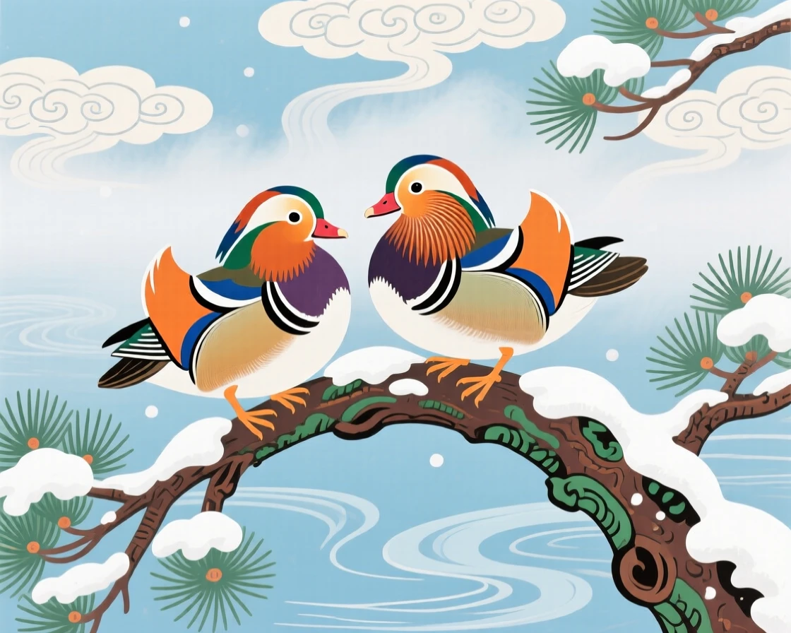 A pair of mandarin ducks perched on a snow-covered pine branch, as morning mist rises from the water.