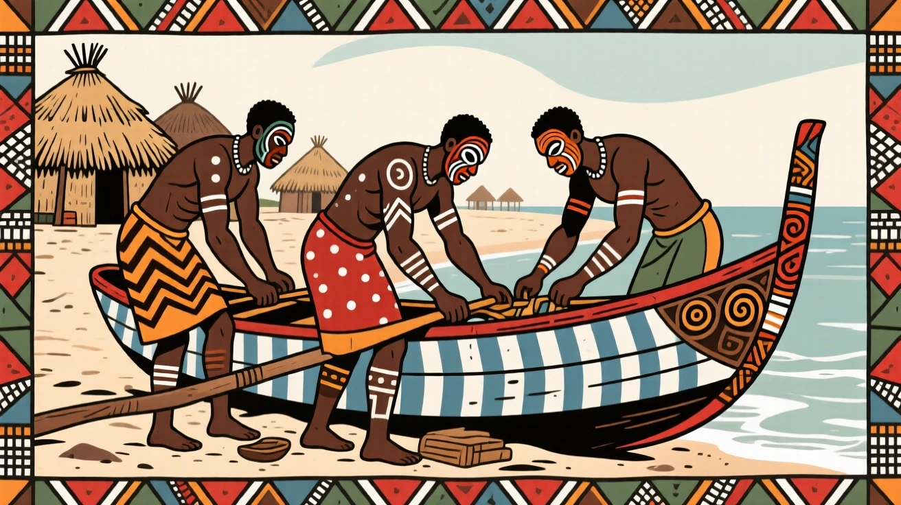 Men repairing a fishing boat on the shore near a cluster of thatched huts.
