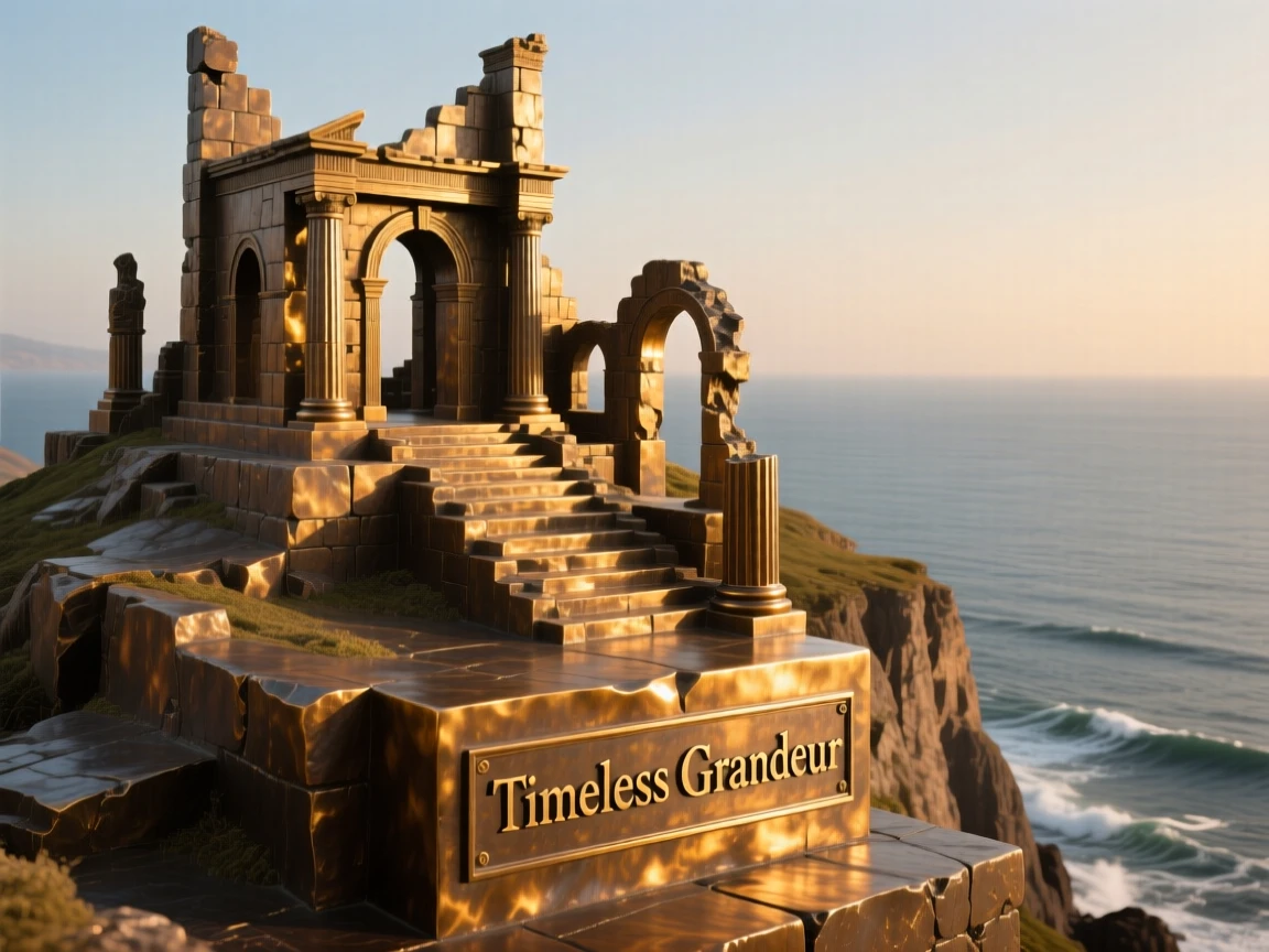 An ancient hilltop ruin overlooking an endless sea, bathed in warm, golden light, exuding timeless grandeur