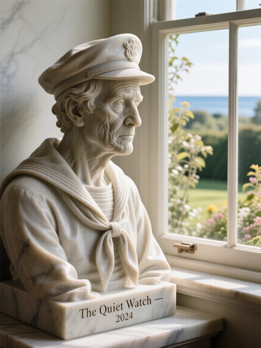 A close-up portrait of an old sailor gazing at the horizon, sitting quietly by a window, in a sunlit garden, radiating quiet emotion and dignity