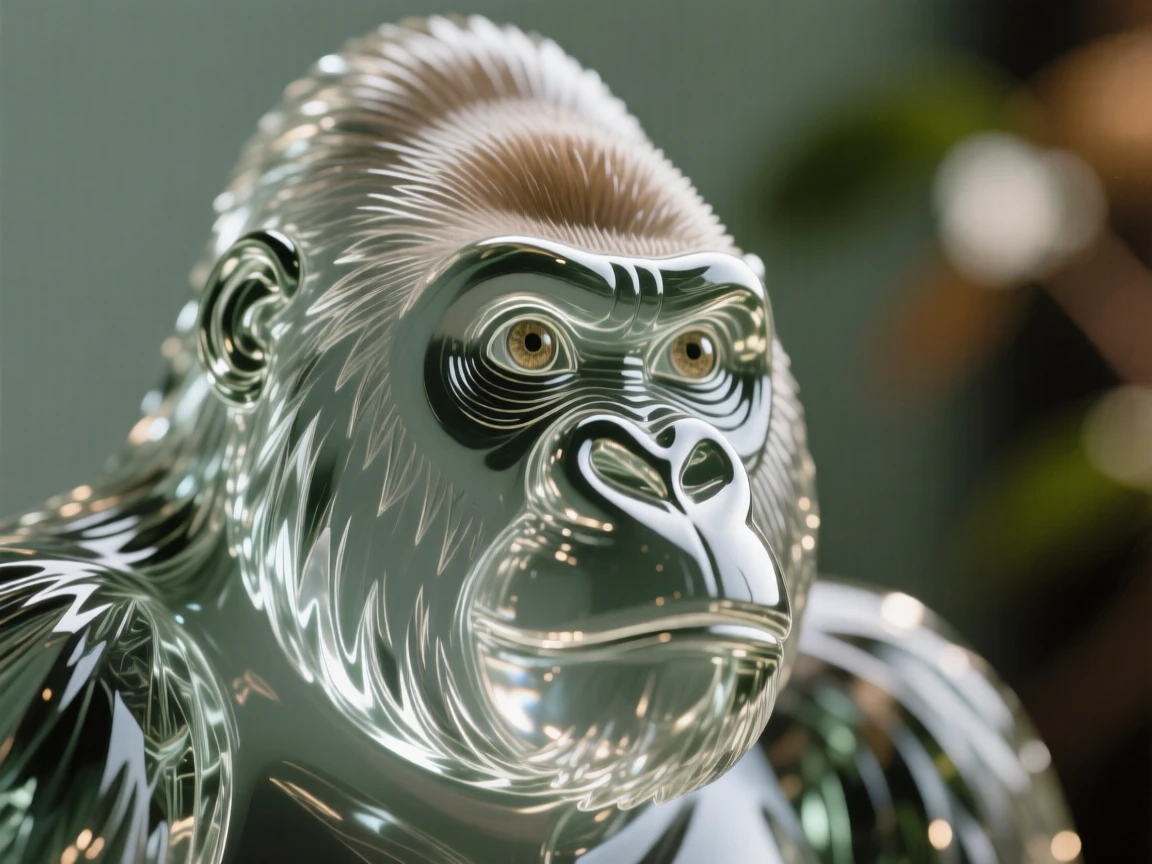 A close-up portrait of a mountain gorilla, its eyes sharp and expressive, framed by soft bokeh foliage, radiating quiet dignity.