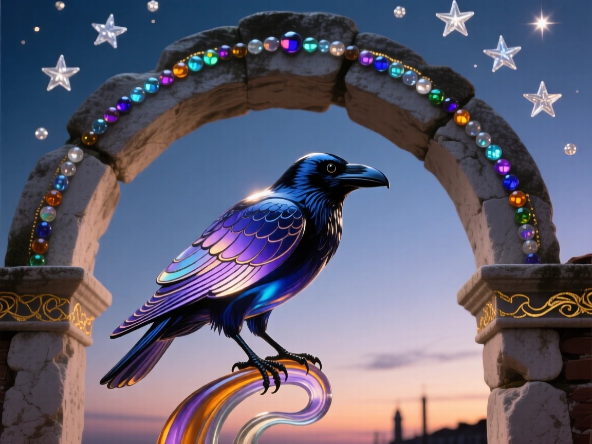 A raven perched on an ancient stone archway at twilight, mysterious and watchful, stars beginning to appear above.