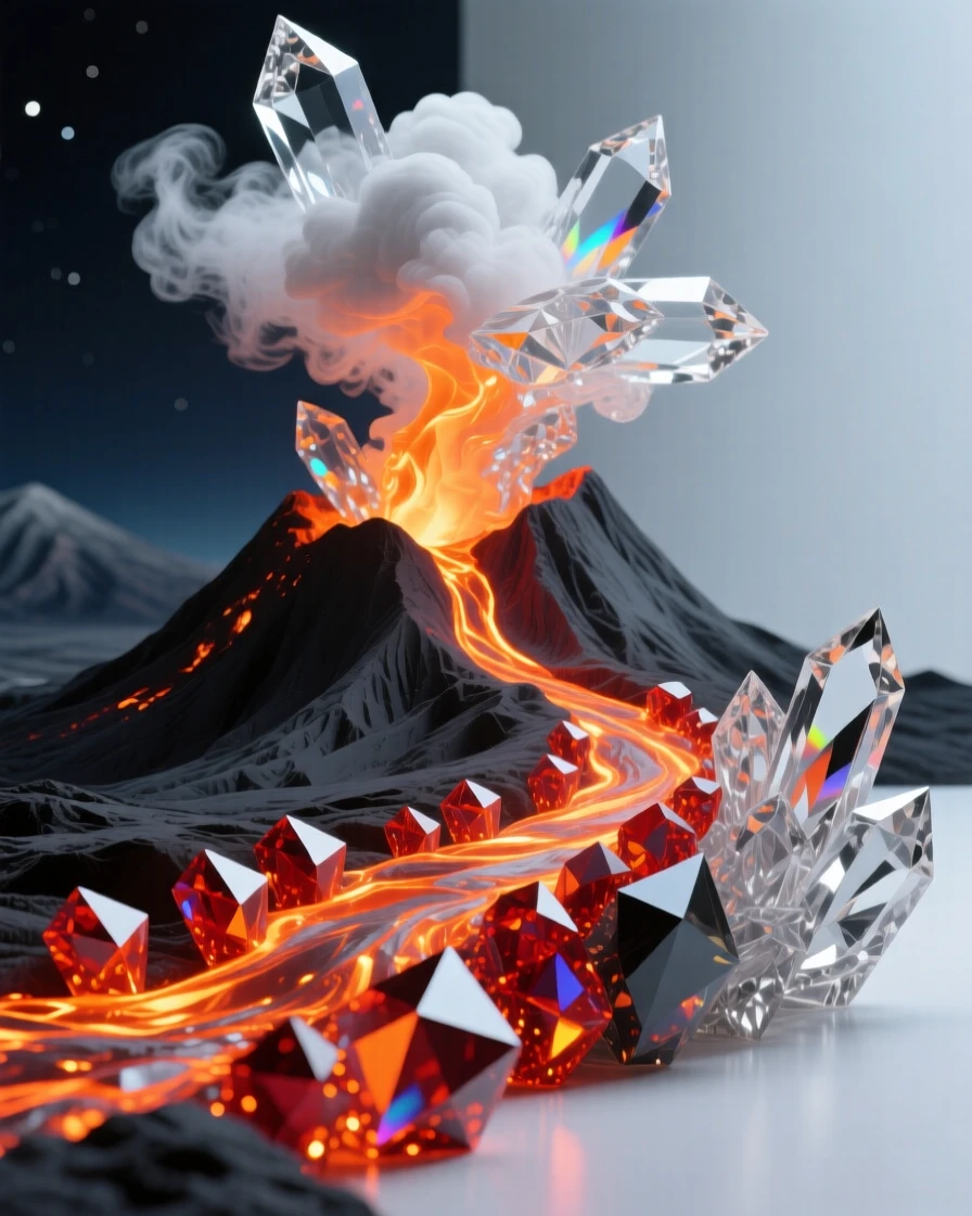 A glowing lava flow winding down a volcanic slope at night, orange light reflecting on smoke clouds above.