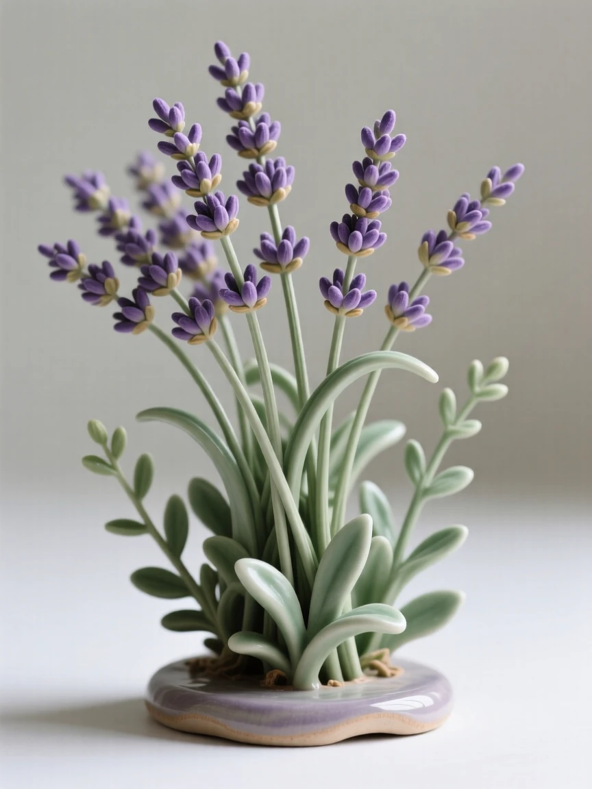 A bundle of wild lavender swaying gently framed by soft surrounding greenery, its stem gently arching under its own weight, evoking fragile beauty and quiet renewal.