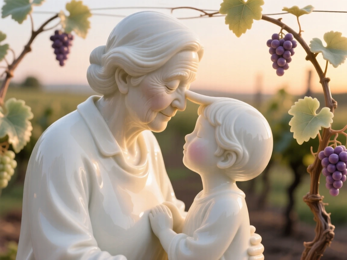 A tender scene of a grandparent and grandchild exchanging a gentle forehead touch in a vineyard at golden hour, her eyes closed in peaceful reflection.