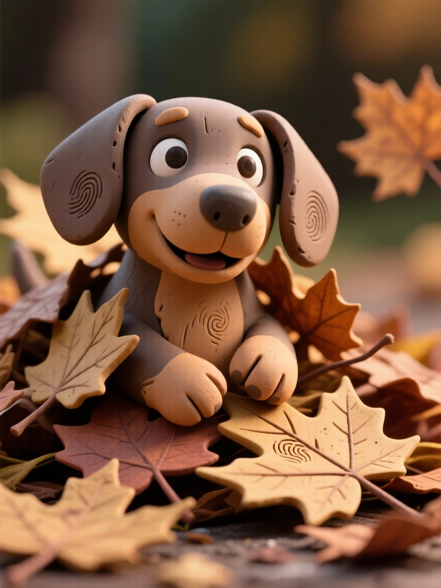 A dachshund puppy tangled happily in a pile of fallen maple leaves