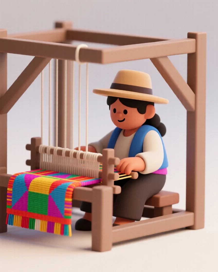 A traditional Peruvian weaver sits at a handloom, threading bright wool into an intricate geometric blanket pattern.