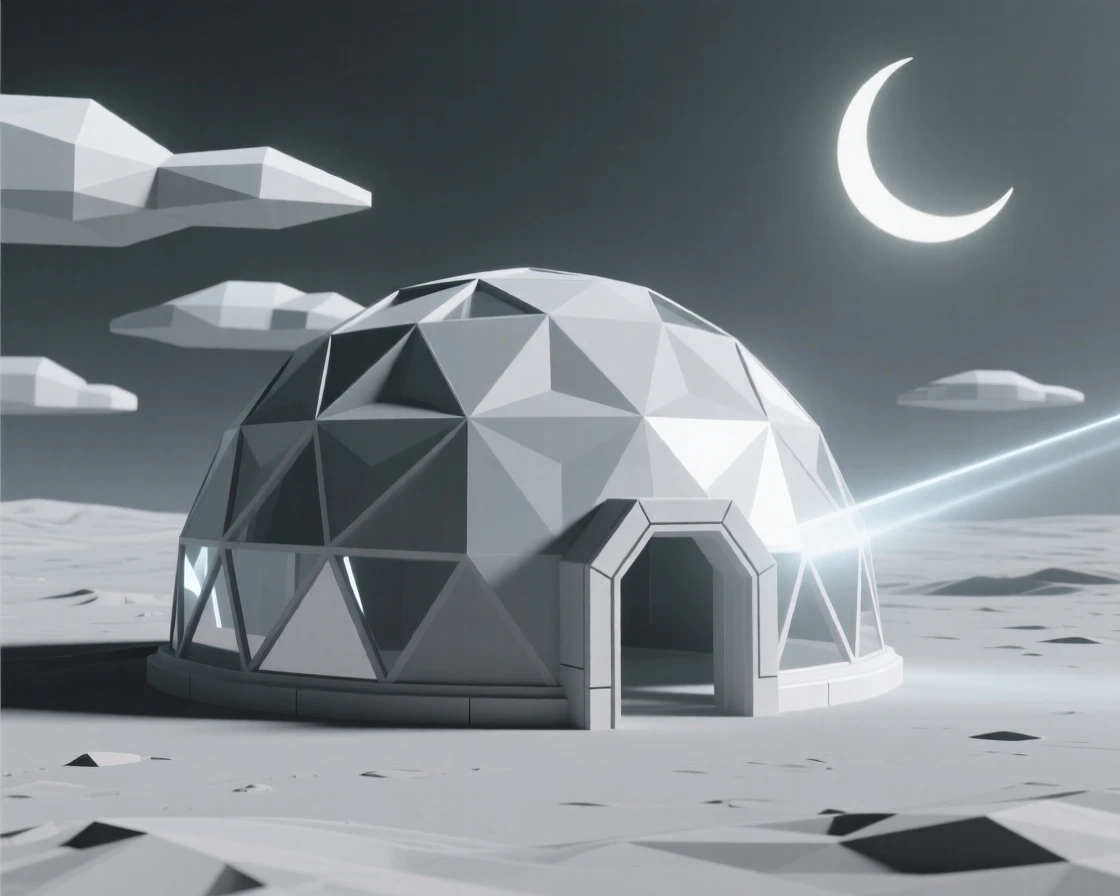 A futuristic greenhouse dome glowing on a barren planet, amid drifting clouds lit by moonlight. reflections and light rays add a layer of visual depth. It captures a feeling of peaceful isolation.
