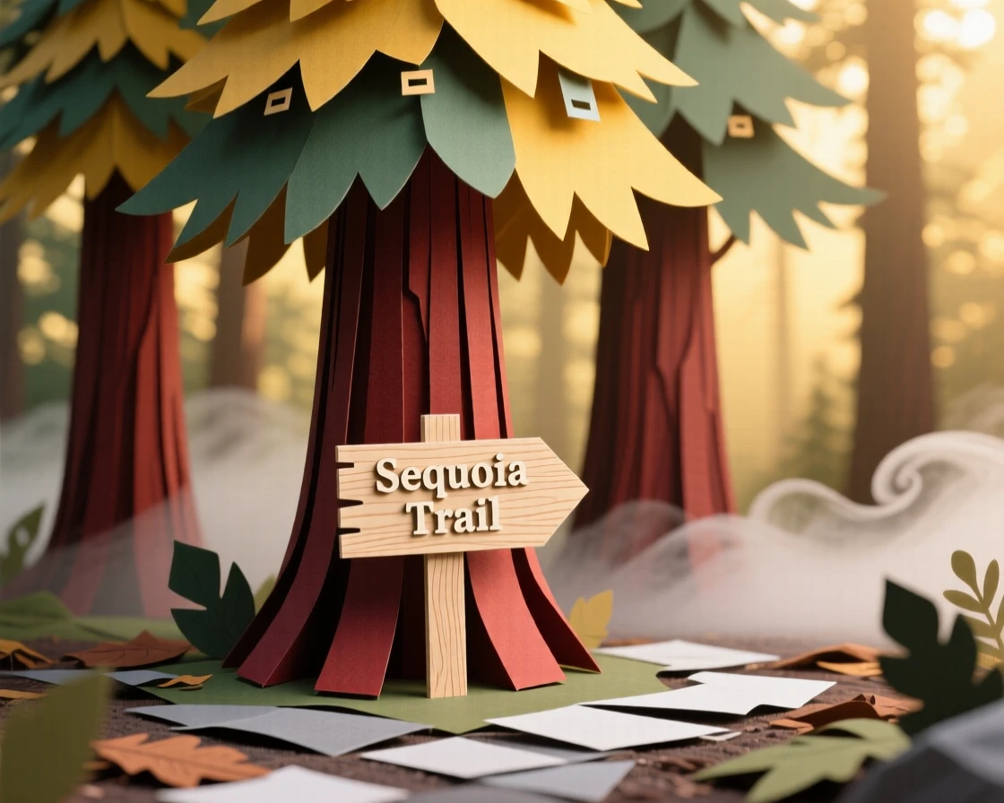 A cluster of towering sequoia trees in golden morning light, a small wooden trail sign at the base, mist rising gently from the forest floor, capturing timeless natural grandeur.