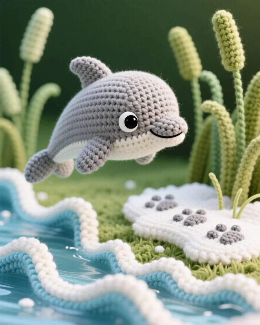 a baby dolphin, with smooth grey skin and a curved fin, leaping in an arc above gentle waves, set in a shallow creek winding through tall grass, with a trail of small paw prints in the snow, evoking quiet contentment and gentle curiosity.