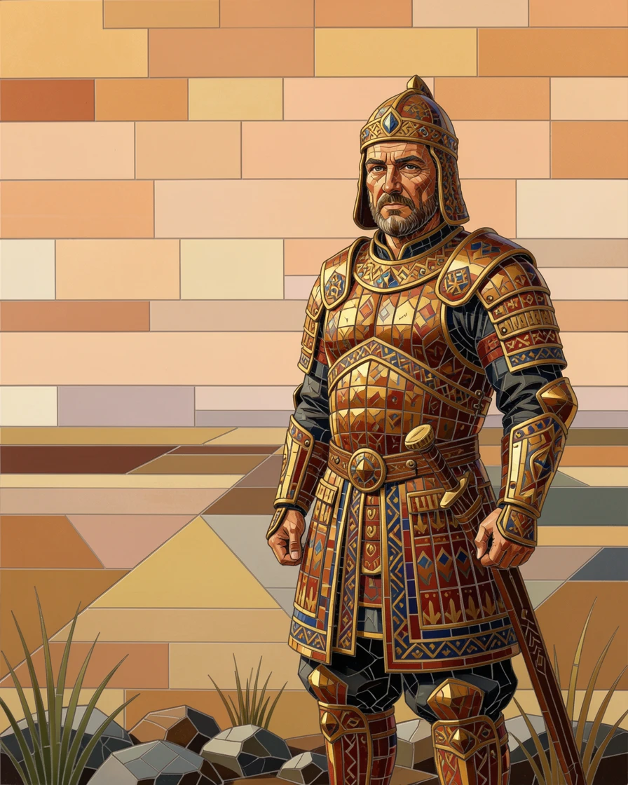 A warm, expressive portrait of a warrior in ornate traditional armor standing at the edge of a battlefield, with soft natural lighting and rich emotional detail.