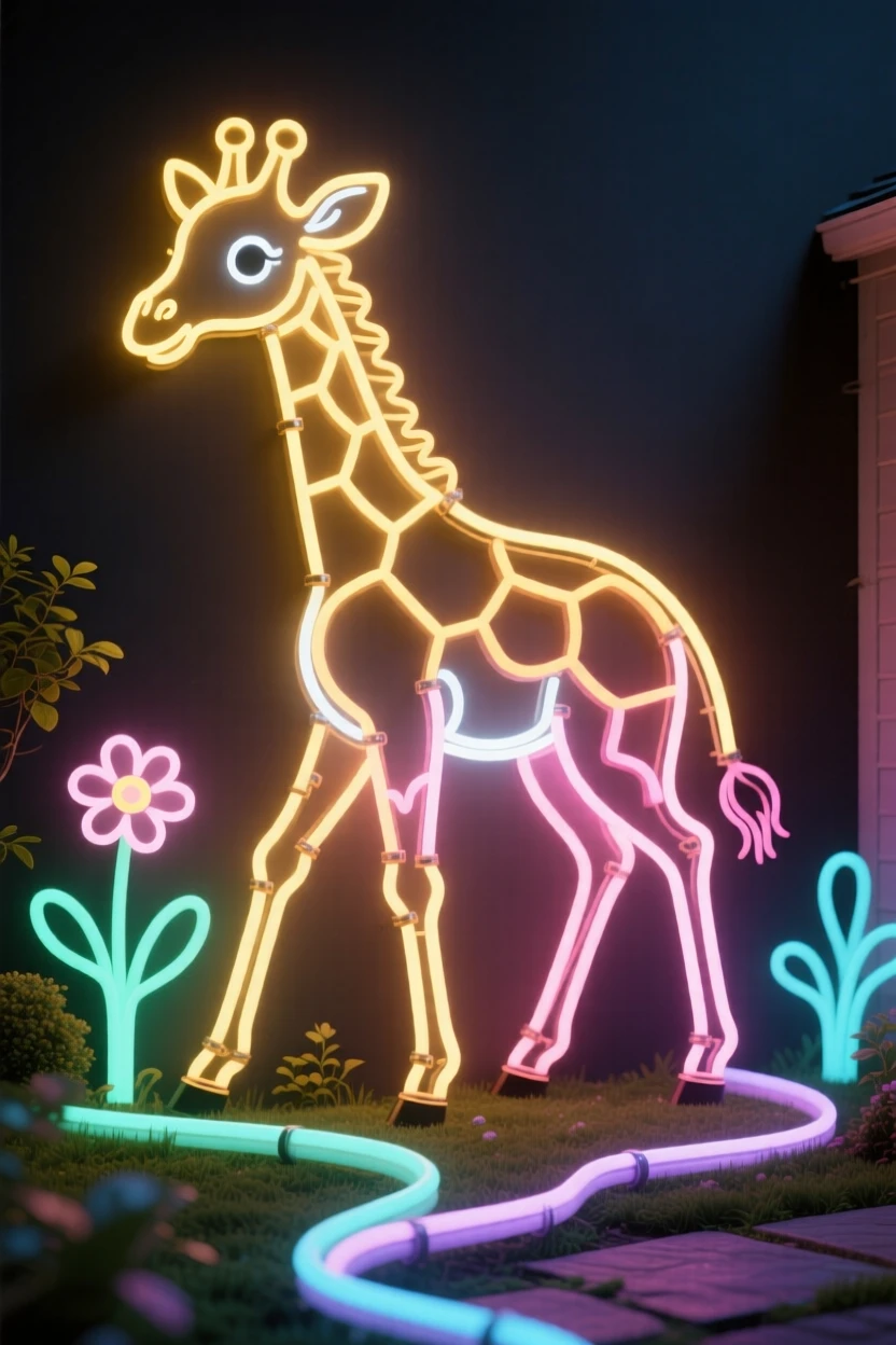 a baby giraffe wobbling on new legs in a quiet backyard garden.