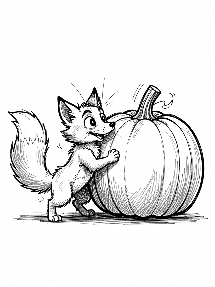 A fuzzy baby fox trying to hug a pumpkin twice its size.