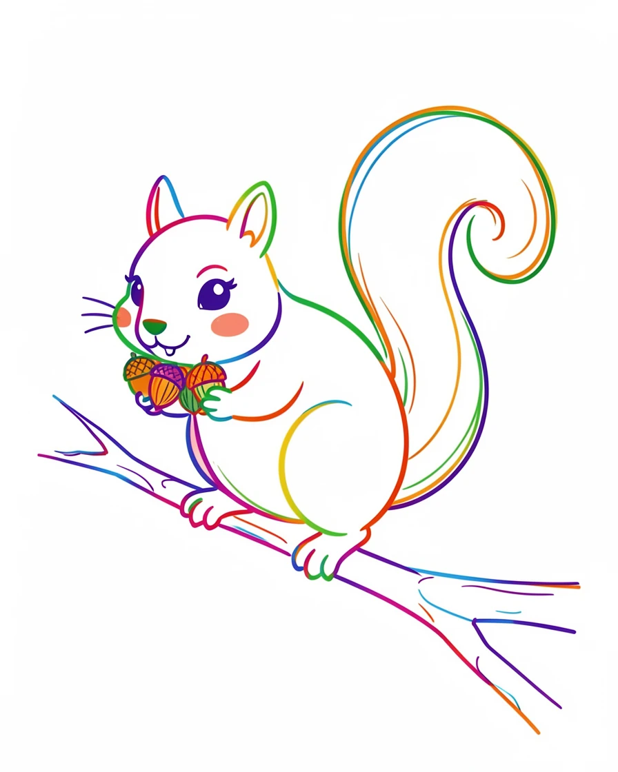 A squirrel balancing on a thin branch, cheeks stuffed with acorns, tail curled behind it.