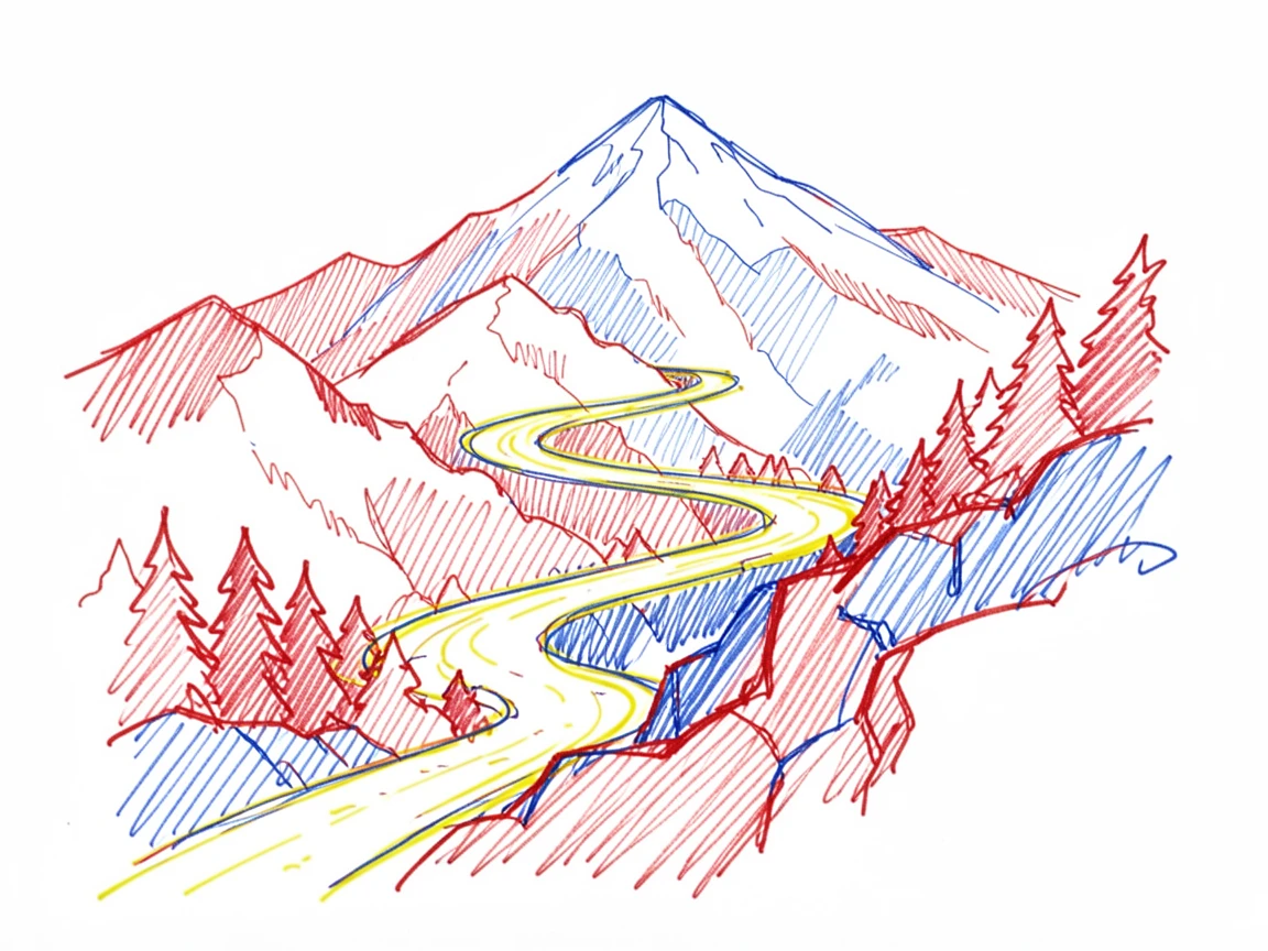 A mountain switchback trail winding up toward a distant snowy summit