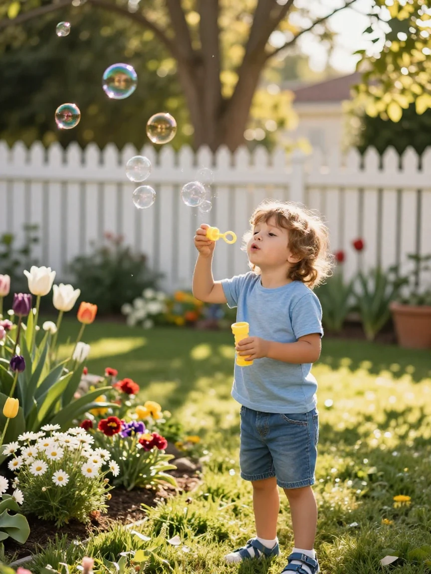 A child blowing bubbles in a backyard garden