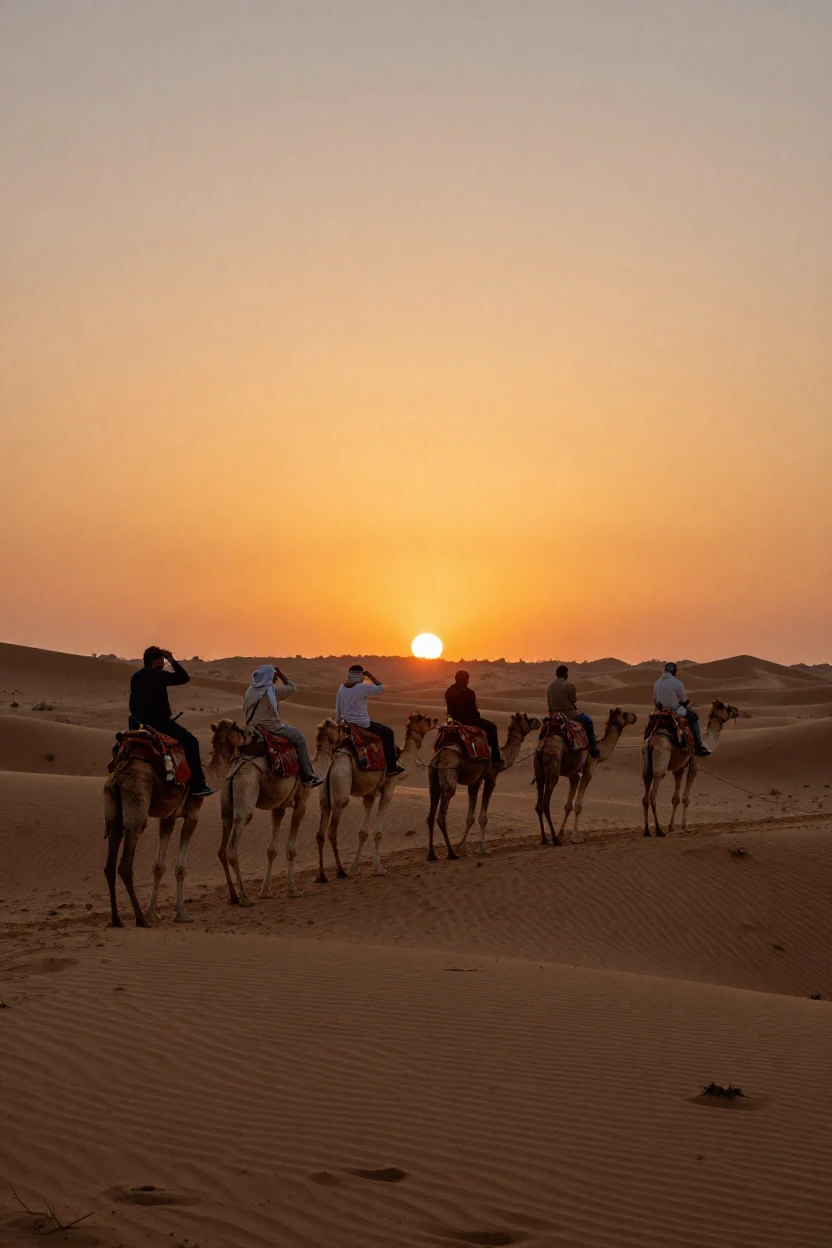A desert caravan crosses a rippled dune field beneath a blazing orange sunset.