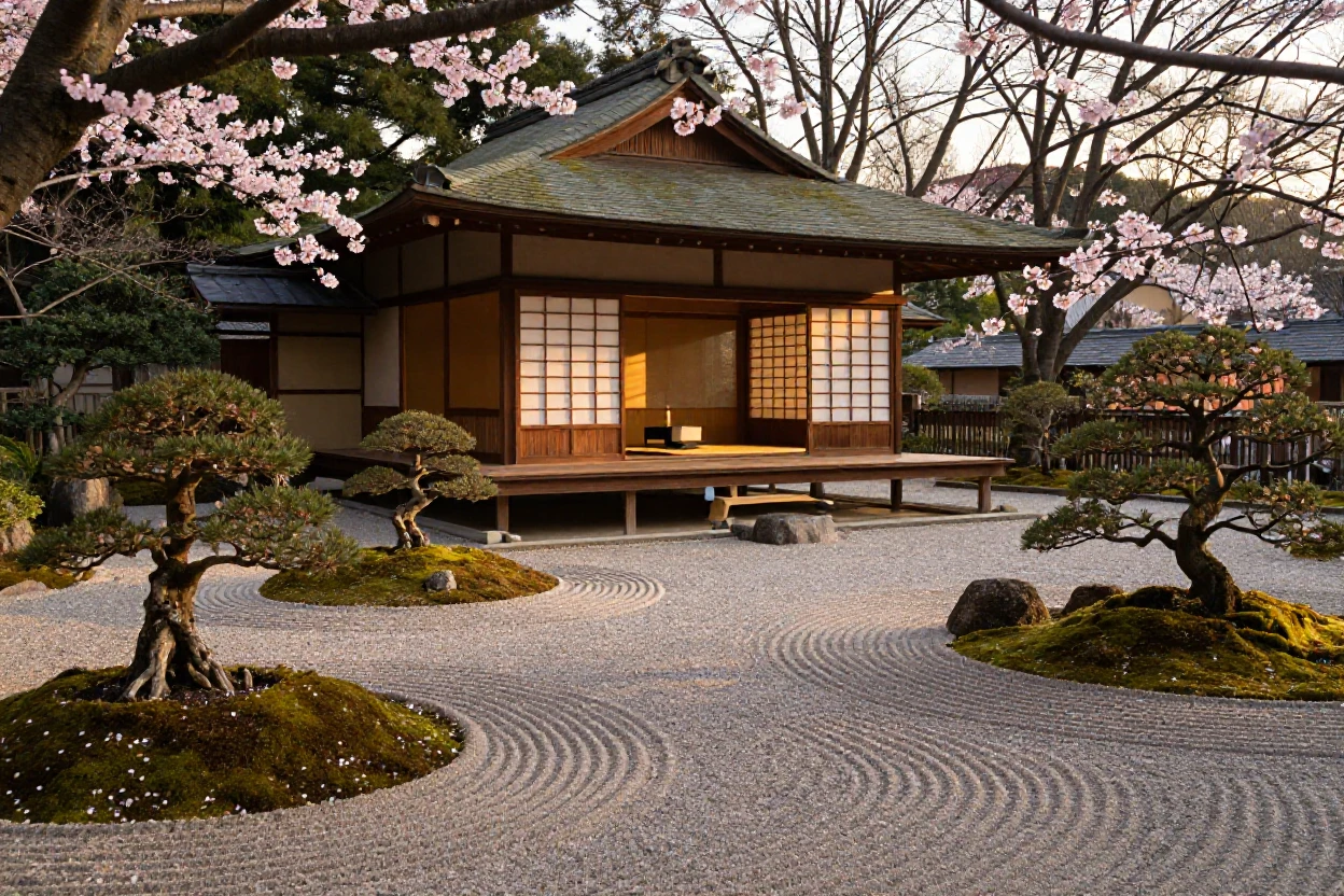 A traditional Japanese tea house surrounded by a raked gravel garden