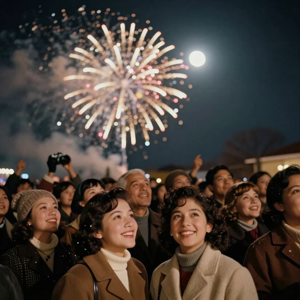 Fireworks bursting over a crowd gathered for a New Year celebration, under moonlight, under scattered clouds, in the depths of winter, in warm honey and cream tones, in a tight close-up.