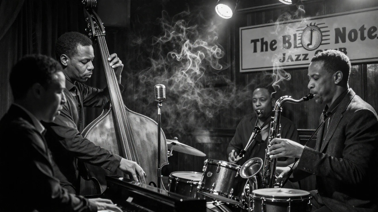 A jazz quartet improvises a soulful melody on a small smoky stage.