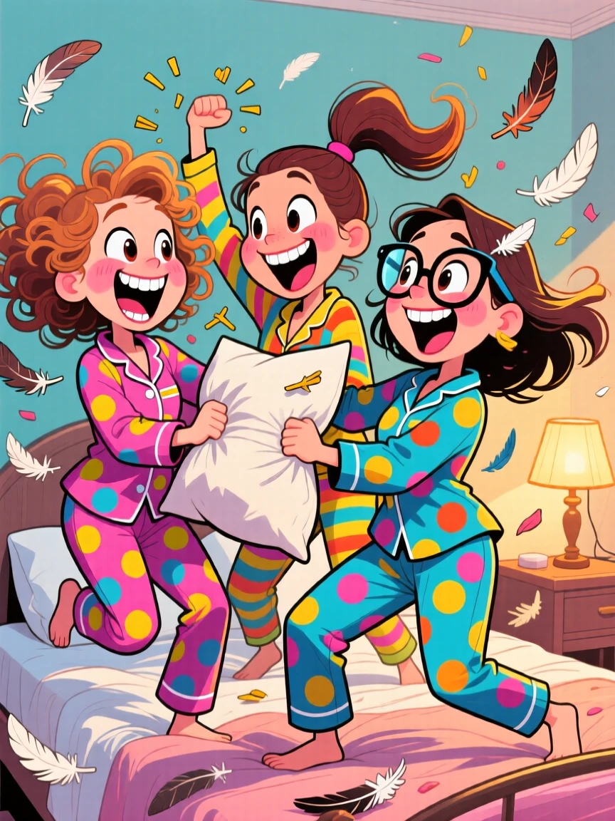 A trio of sisters in matching pajamas having a pillow fight, feathers flying everywhere.