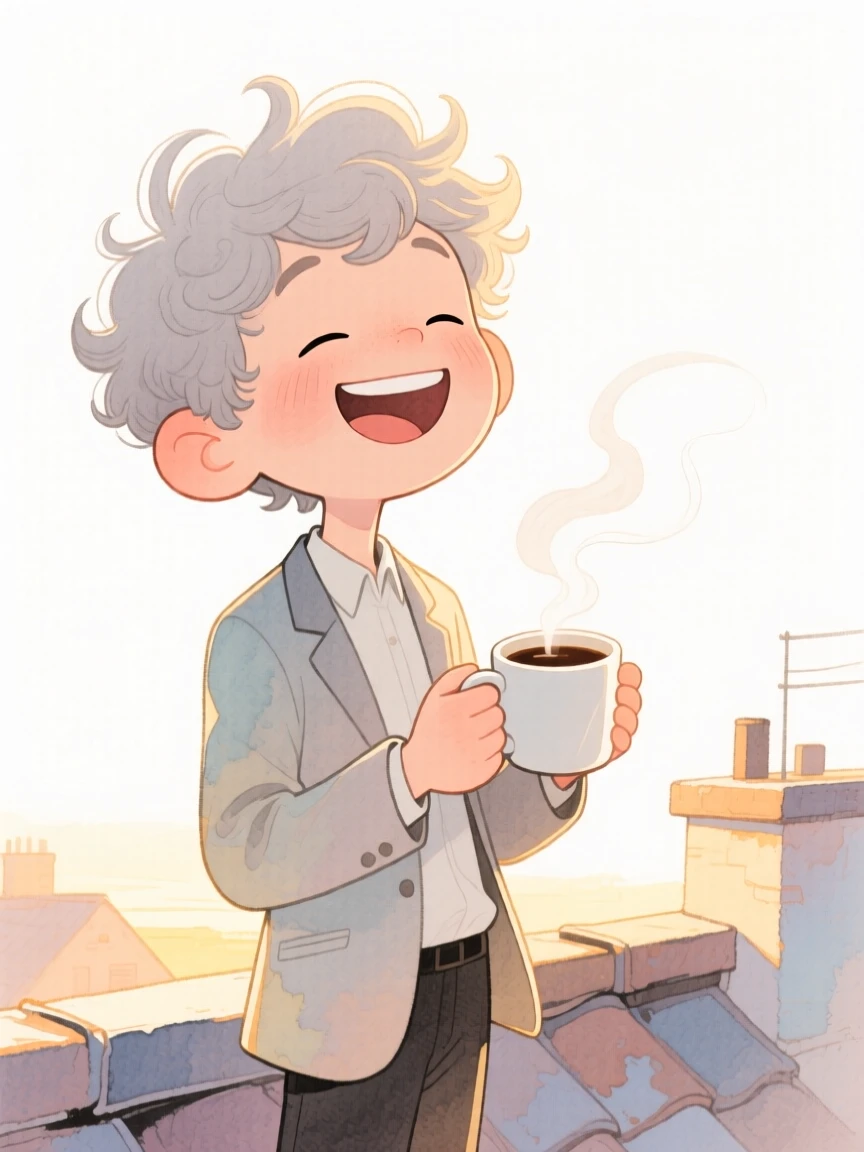 A teenage boy with soft grey curls, laughing with her eyes closed, wearing a tailored blazer and holding a steaming mug of coffee, on a rooftop at golden hour