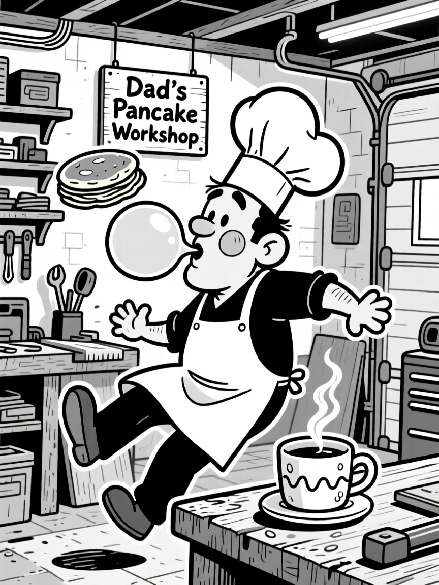 A dad flipping pancakes with a chef's hat askew, blowing a giant bubblegum bubble, set in a garage workshop smelling of sawdust. A cup of coffee has gone cold on the counter. It's a small, ordinary moment that feels quietly precious.