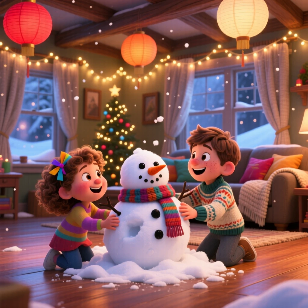 Children building a lopsided snowman happens in a living room decorated with twinkling lights, with paper lanterns swaying softly in the breeze. The mood is joyful, nostalgic, and full of celebration.
