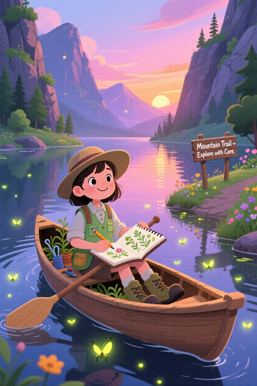 A young botanist with a sketchbook pauses while paddling a small canoe across a calm lake in a rocky mountain trail, as fireflies begin to appear at dusk.